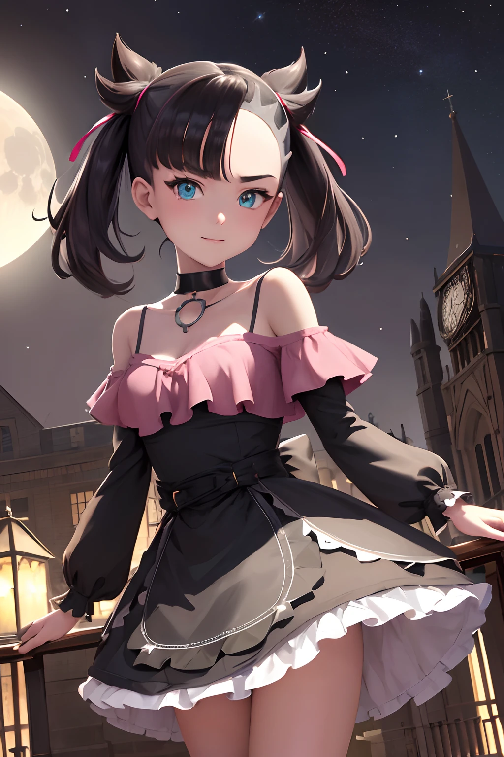 masterpiece, best quality, highres, hmmarnie, sparkling aqua eyes, choker, hair ribbon, gothic Lolita dress, bows on clothing, cowboy shot, standing, gazing at viewer, dimly lit street, clock tower, night time, stars, magical aura, slight smile, slight head tilt, blush, moon in background