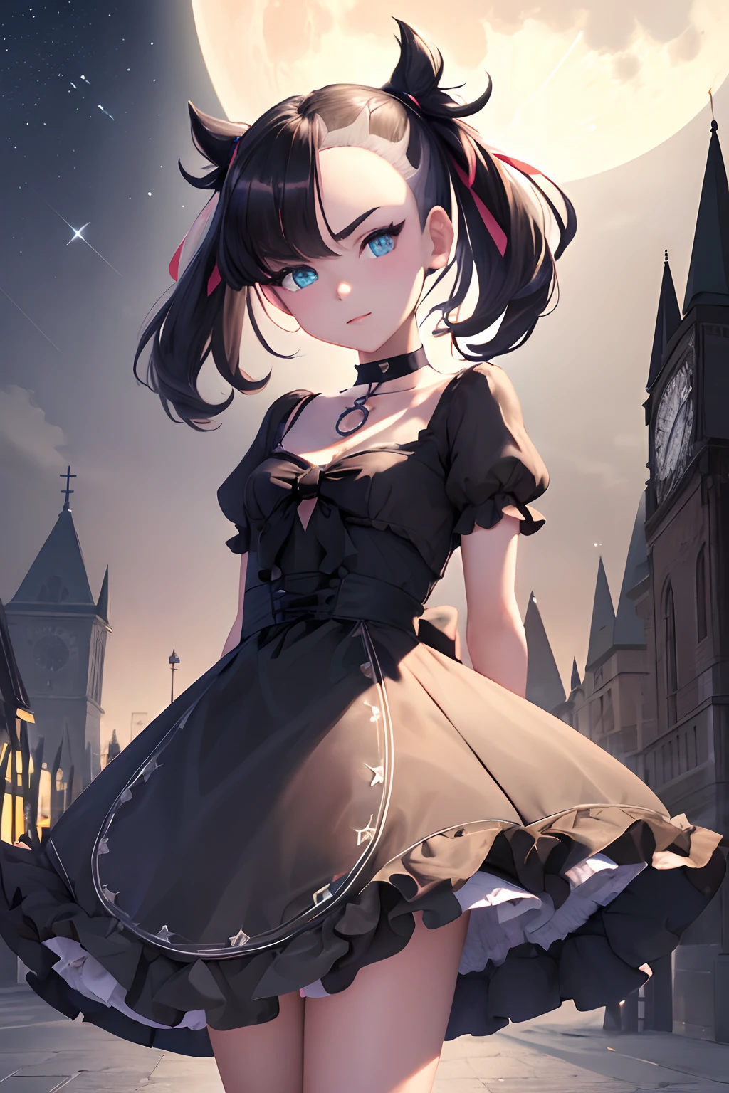 masterpiece, best quality, highres, hmmarnie, sparkling aqua eyes, choker, hair ribbon, gothic Lolita dress, bows on clothing, cowboy shot, standing, gazing at viewer, dimly lit street, clock tower, night time, stars, magical aura, slight smile, slight head tilt, blush, moon in background