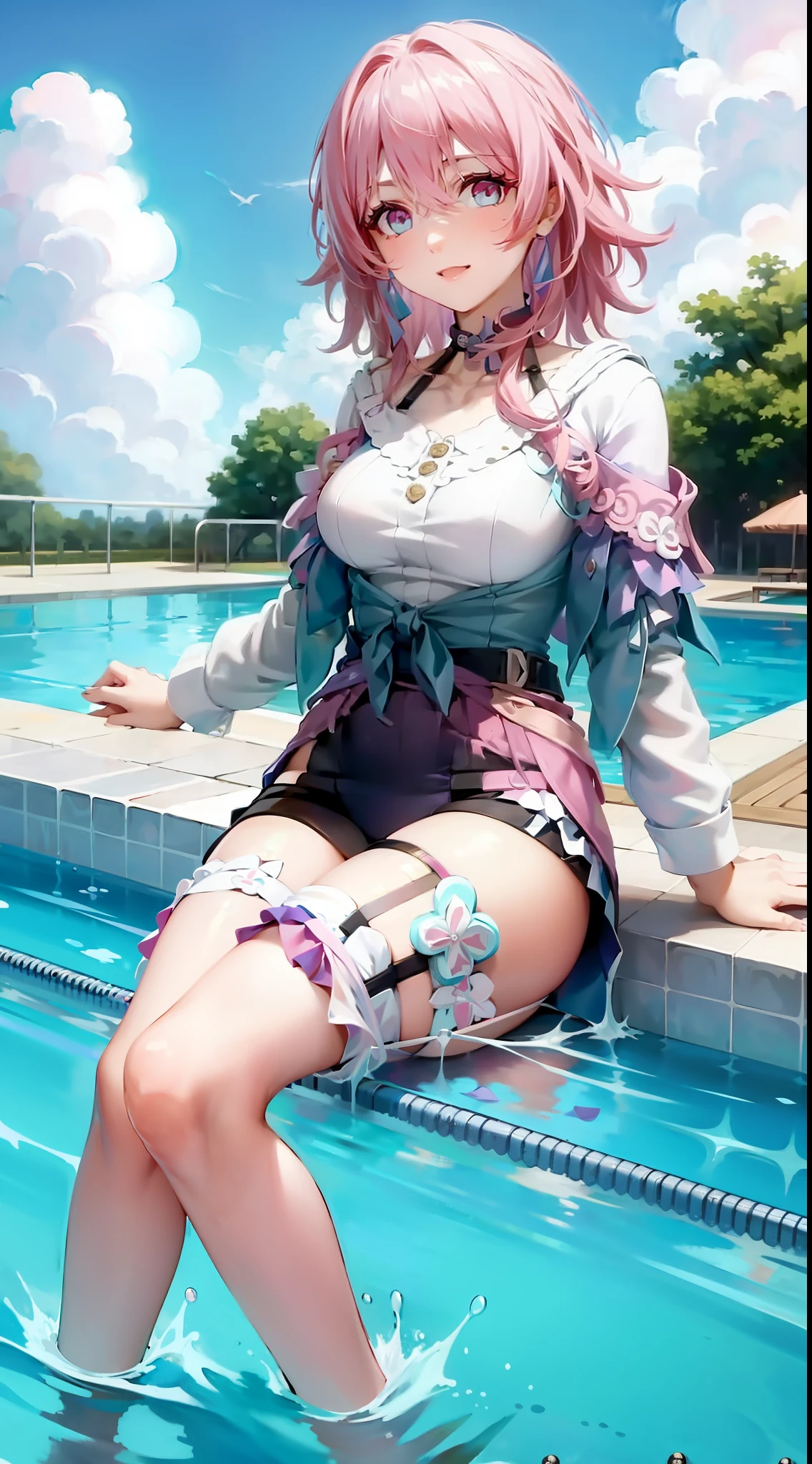 pink lace swimsuit, masterpiece, 8k, smile, swimming pool, pink hair, Cute