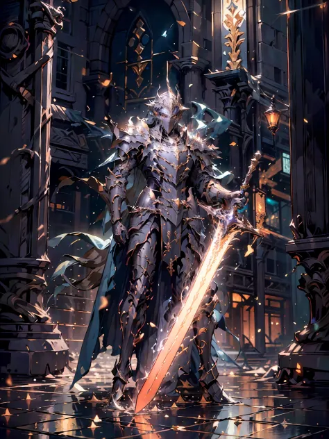 (masterpiece, best quality), A paladin holding a light infused sword, light magic, divine, magewave, silver and gold, 4k, dark cityscape, Fujifilm