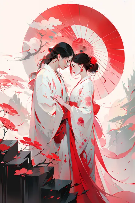 anime couple in kimono dress, nice face, perfect body, kissing under umbrellas in front of red and white background, guweiz on p...
