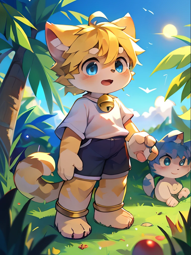 spheres，Stand in front of the garden，bobed hair，blondhair，Light blue eyes，Ahoge，Bell collar，the whole body，lenfant，Furries，cat ears，cat ears，open  mouth，There are cat teeth，yun，SKY、，SKY，The sun，In summer，No spots，Cubs，Yellow hairs everywhere，Yellow fur everywhere，Hairy all over，Cat type，Fluffy cat tail，master masterpiece，quality portraits，human shape，Cubs，Solitary  boy，aeolian，Full Shot Shot，White top with short sleeves，gray shorts，Super cute face，Dore，Fluffy snow-white cat palm、hairy hands，The fingers are clearly defined，There are meat pads，There are toe pads，Beautiful palm，flesh pad，Structured，full body portrait，Cat's feet，hairy legs，Cute anklets，The face is hairy，Cat beard，No shoes