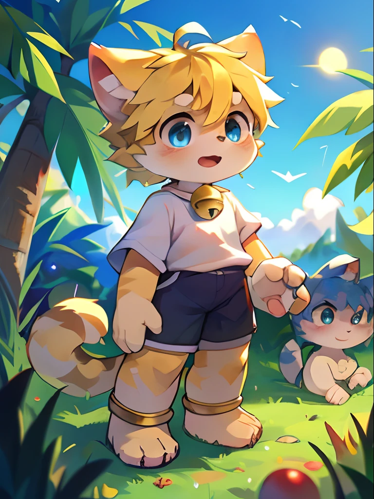 spheres，Stand in front of the garden，bobed hair，blondhair，Light blue eyes，Ahoge，Bell collar，the whole body，lenfant，Furries，cat ears，cat ears，open  mouth，There are cat teeth，yun，SKY、，SKY，The sun，In summer，No spots，Cubs，Yellow hairs everywhere，Yellow fur everywhere，Hairy all over，Cat type，Fluffy cat tail，master masterpiece，quality portraits，human shape，Cubs，Solitary child boy，aeolian，Full Shot Shot，White top with short sleeves，gray shorts，Super cute face，Dore，Fluffy snow-white cat palm、hairy hands，The fingers are clearly defined，There are meat pads，There are toe pads，Beautiful palm，flesh pad，Structured，full body portrait，Cat's feet，hairy legs，Cute anklets，The face is hairy，Cat beard，No shoes