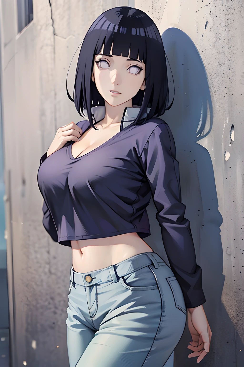 masterpiece, best quality, ((pure white background)), standing, (dark blue hair) ,cold face, full body, crop top, casual pants, (((Fashionable clothing))), happy, light effect, soft, super clear, high-definition picture, (front), purple eyes, blunt bangs, hinata/(boruto/), long hair,  large breast, cleavage