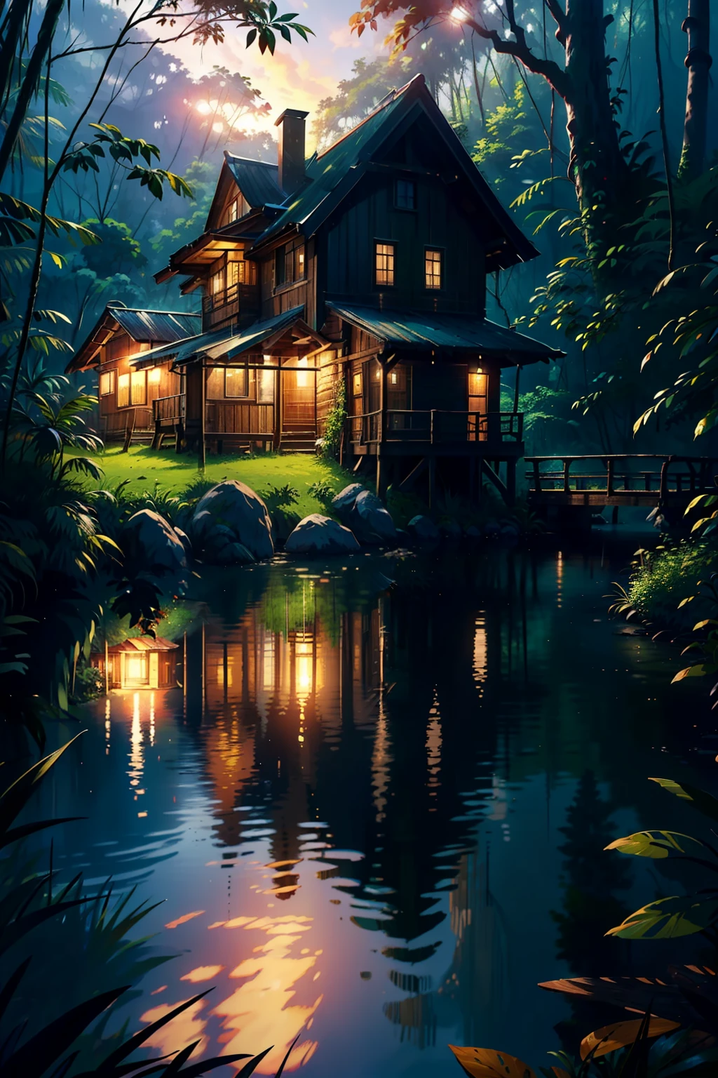 (A rustic wooden house:1.3) in a rainforest and a small lake in front of the house with a small wooden bridge between the house and the other side. Uma nevoa densa da manha espalha pela cena. The sun is rising behind the forest, fazendo que os raios atravessem as folhas e galhos. octan render, 8k