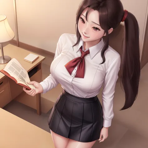 1girl,korean girl,office lady assistant, he tall,sexy pose office lady assistant,long ponytail wet brown hair,super big breast,(...