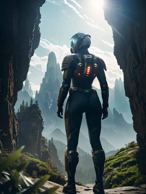 ((Best Quality, 8K, masutepiece :1.3)), Highly detailed RAW color Photo, Rear Angle, Full Body, (female space marine, wearing space suit, futuristic helmet, tined face shield, accentuated booty), outdoors, (standing on Precipice of tall rocky mountain, loo...