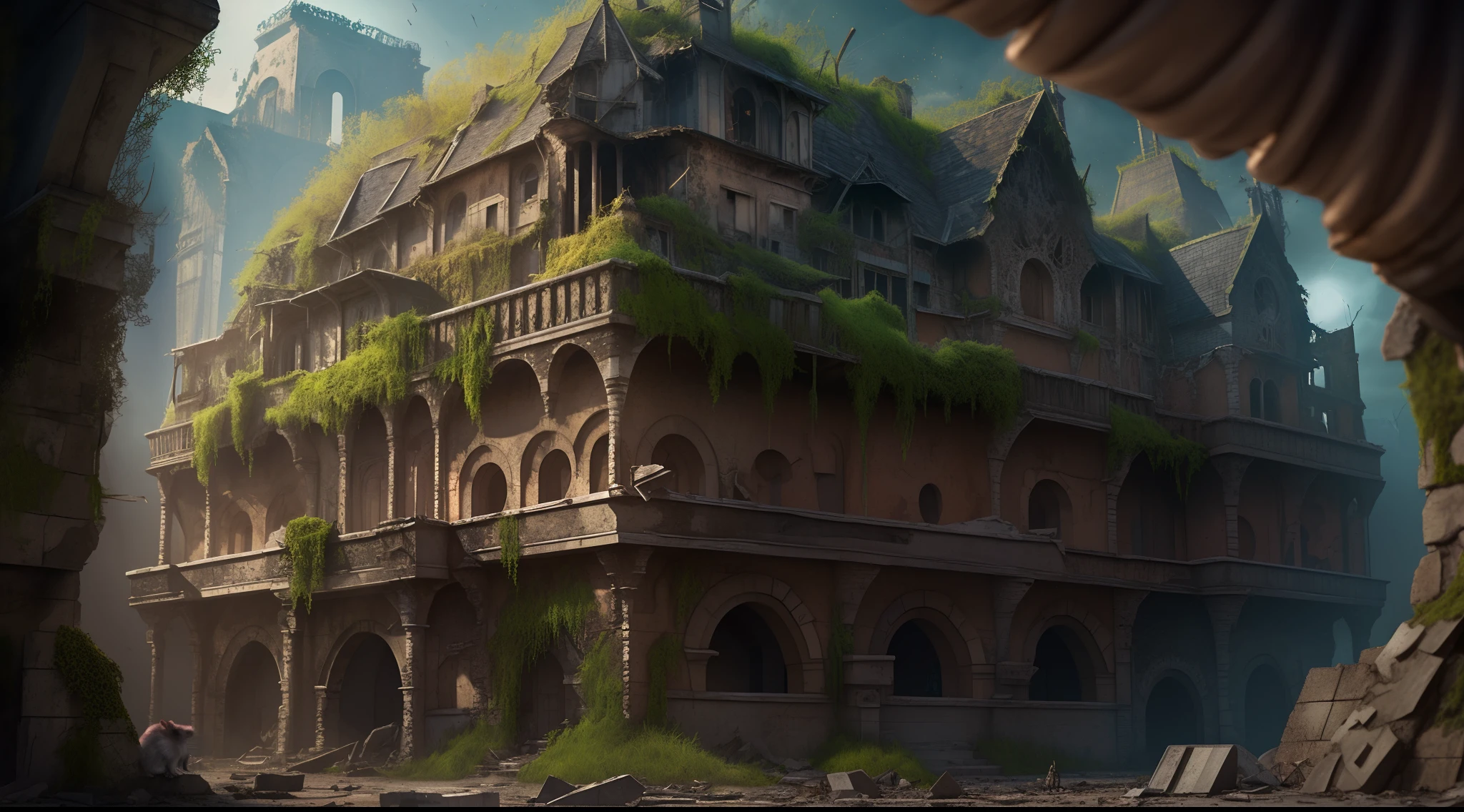 ((((masterpiece, best quality, high resolution)))), Extremely detailed 8K, (ultra detailed) wallpaper, ultra wide shot, photorealism, fantasy art, ancient fantasy_world dwarven (ultra detailed, Masterpiece, best quality) city abandoned, many half built building, 3 rats, a skeleton leaning on a wall, moss covering some of the buildings, dim light fantasy_night, shadows, silhouette, depth of field,