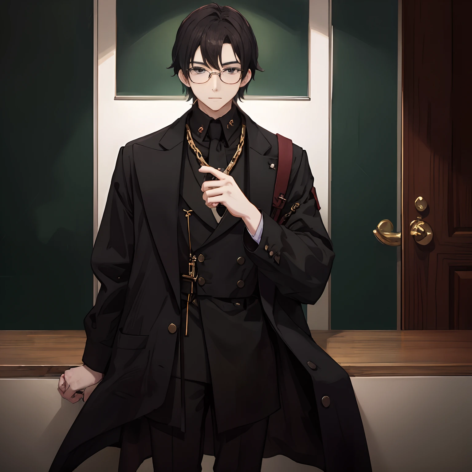 Dark-haired young man、Posture with glasses