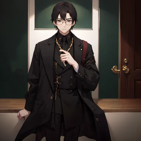 dark-haired young man、posture with glasses