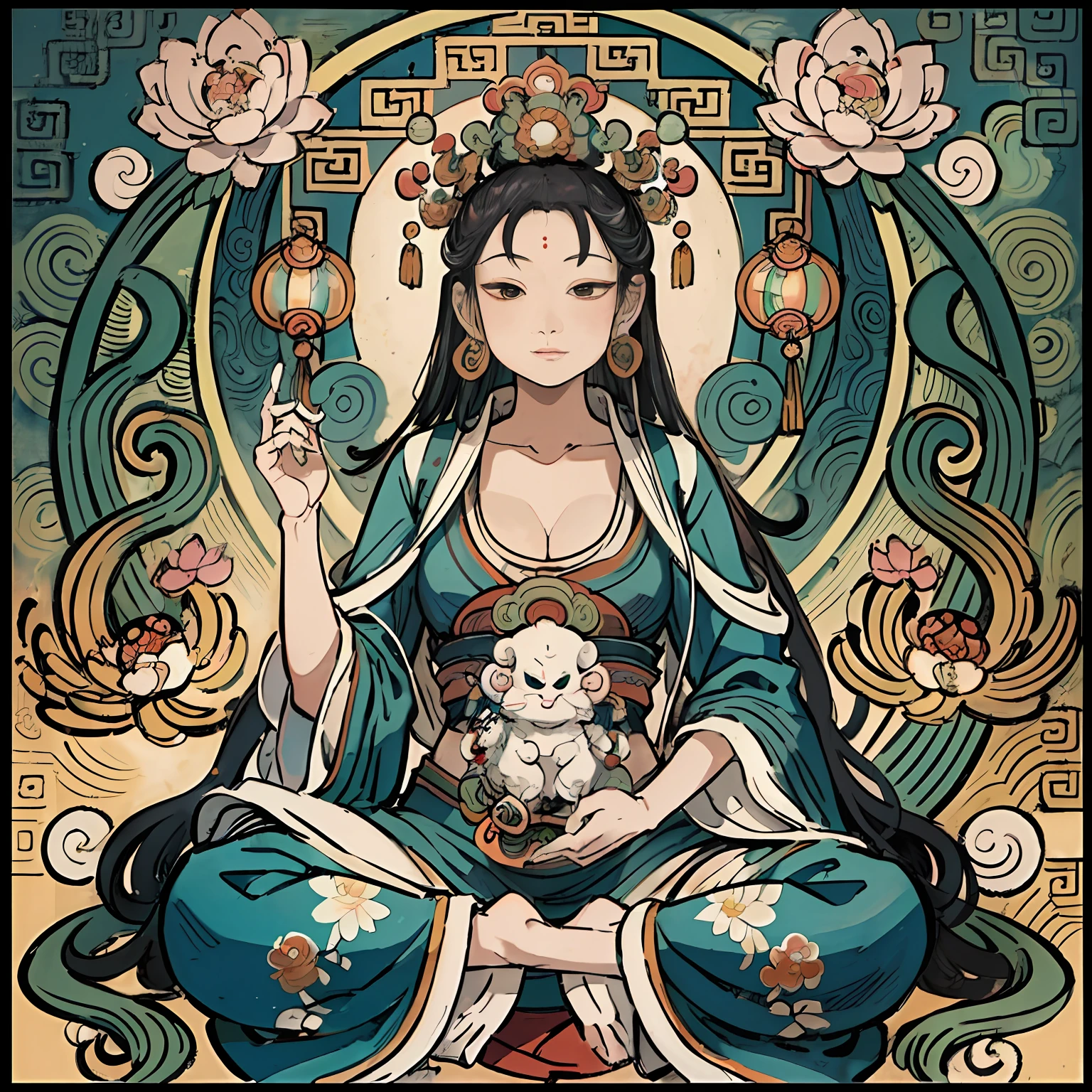 古代中国の女神, 南海の観音, 勝つ, インドにインスピレーションを受けて, 観世音菩薩鳳凰菩薩，,穏やかな表情,水莫華,仏,仏教徒,ロータス,中国の絵画スタイル,タンカスタイル