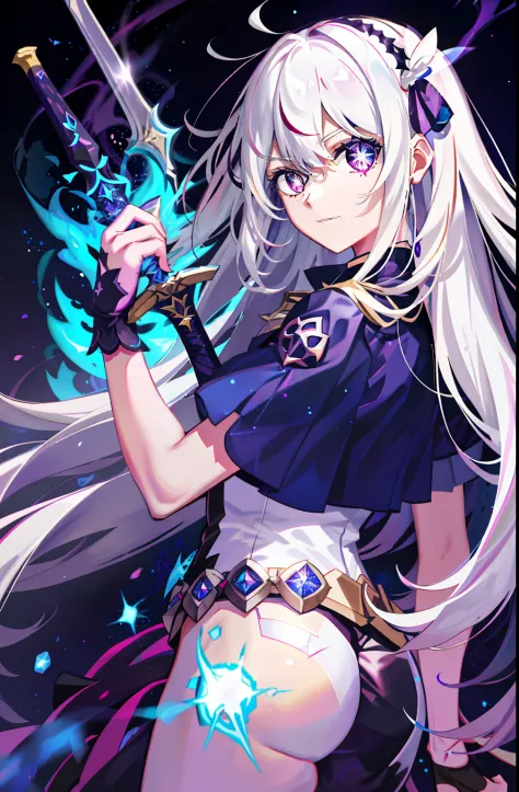 Colorful, 1 girl, White hair, Purple eyes, Sexual, double hilt, sword, hand sword, blue flame, glitters, shiny weapon, Light particles, the wallpaper, color difference,