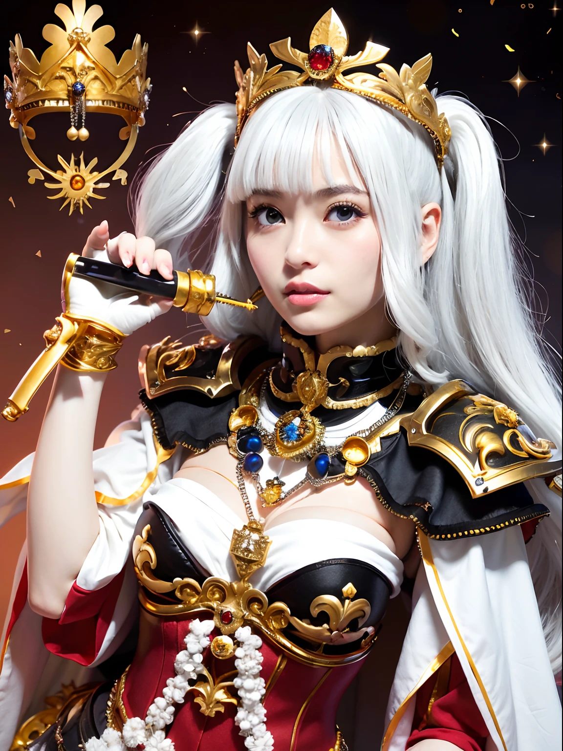 (masutepiece), Professional , ​masterpiece、top-quality、photos realistic , depth of fields （Gemstone Silver Metal Body:1.９),(Matte White、Jewel Gold Weapon（Jewel Metal Body:1.４),Gorgeous metal weapons ,（Swarm of goblins）、 Detailed Sword of the Brave , Beautiful knife   ,warhammer 40k , adepta sororitas,Detail and ornate jewel crown、Black hair、Gangle's forest background、Beautiful Caucasian beauty、１a person、dynamic ungle,(((Detailed and ornate diamond crown)))、Smaller head、A smile、Take a sexy pose、Thin and beautiful female hands、cyanide light particles、Mystical expression、