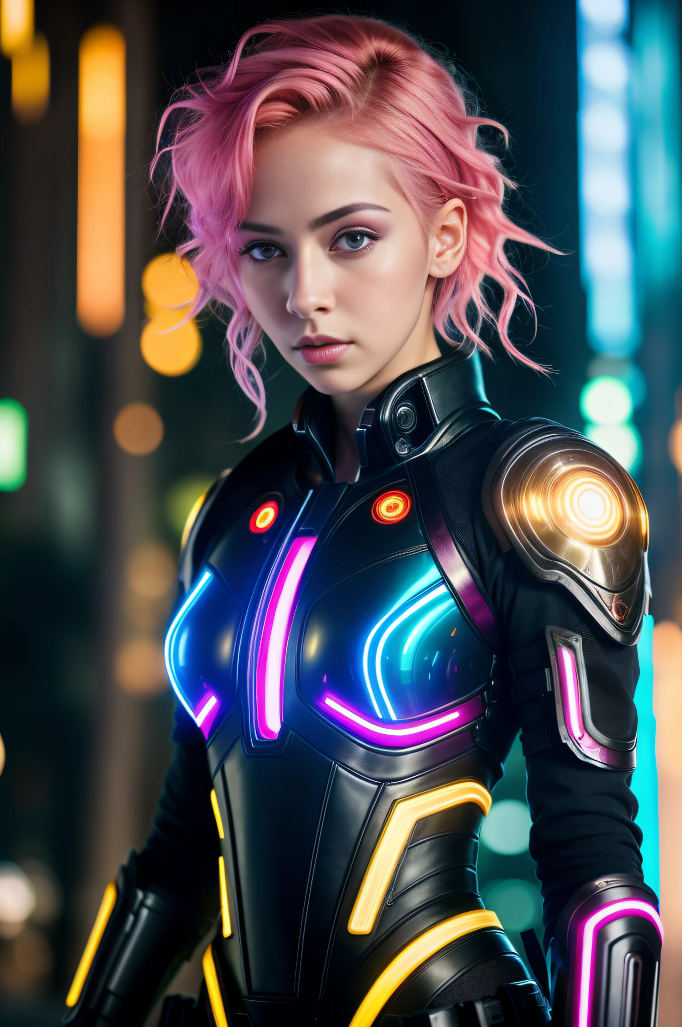 RAW photograph, masterpiece, photorealistic, full length photograph of a beautiful young cyberpunk woman, beautiful eyes, short pink colored hair in expressive style, high quality facial features, accurate facial features, pale glowing skin, topless, erotic black cyberpunk clothes, neon background (bokeh:1.2) (best quality) glowing golden skin (detailed skin:1.3) (intricate details) (8k) (HDR) (cinematic lighting) (sharp focus), erotic, rgb led, rave, V0id3nergy,