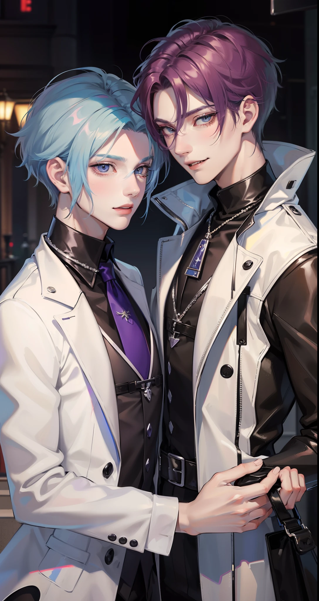 ​masterpiece, top-quality, 2Others, Male couple, 1 man and 1,, Adults, Height difference, different fashion, different color, finely eye and detailed face, intricate detailes, Black Butler Fashion, Modern urban streets, A smile, Happiness, tenderness, queers, Boys Love, high-level image quality、 Two beautiful men、tall、The upper part of the body、nightfall、nighttime scene、𝓡𝓸𝓶𝓪𝓷𝓽𝓲𝓬、Korean Male, k pop, Professional Photos, Vampires, Fedoman with necklace, inspired by Sim Sa-jeong, androgynous vampire, :9 detailed face: 8, extra detailed face, detailed punk hair, ((eyes are brown)) baggy eyes, Seductive. Highly detailed, semi realistic anime, Vampire butler, hyperrealistic teen, delicate androgynous prince, imvu, short hair above the ears, Man with short hair, With a purple-haired man with a wild expression, Man with light blue hair with gentle expression, With a short-haired man with bright purple hair, Man with light blue hair, Movie Posters, Movie Photos