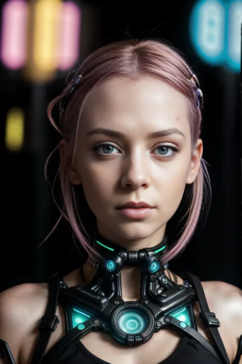 RAW photograph, masterpiece, photorealistic, full length photograph of a beautiful young cyberpunk woman, beautiful eyes, short ...