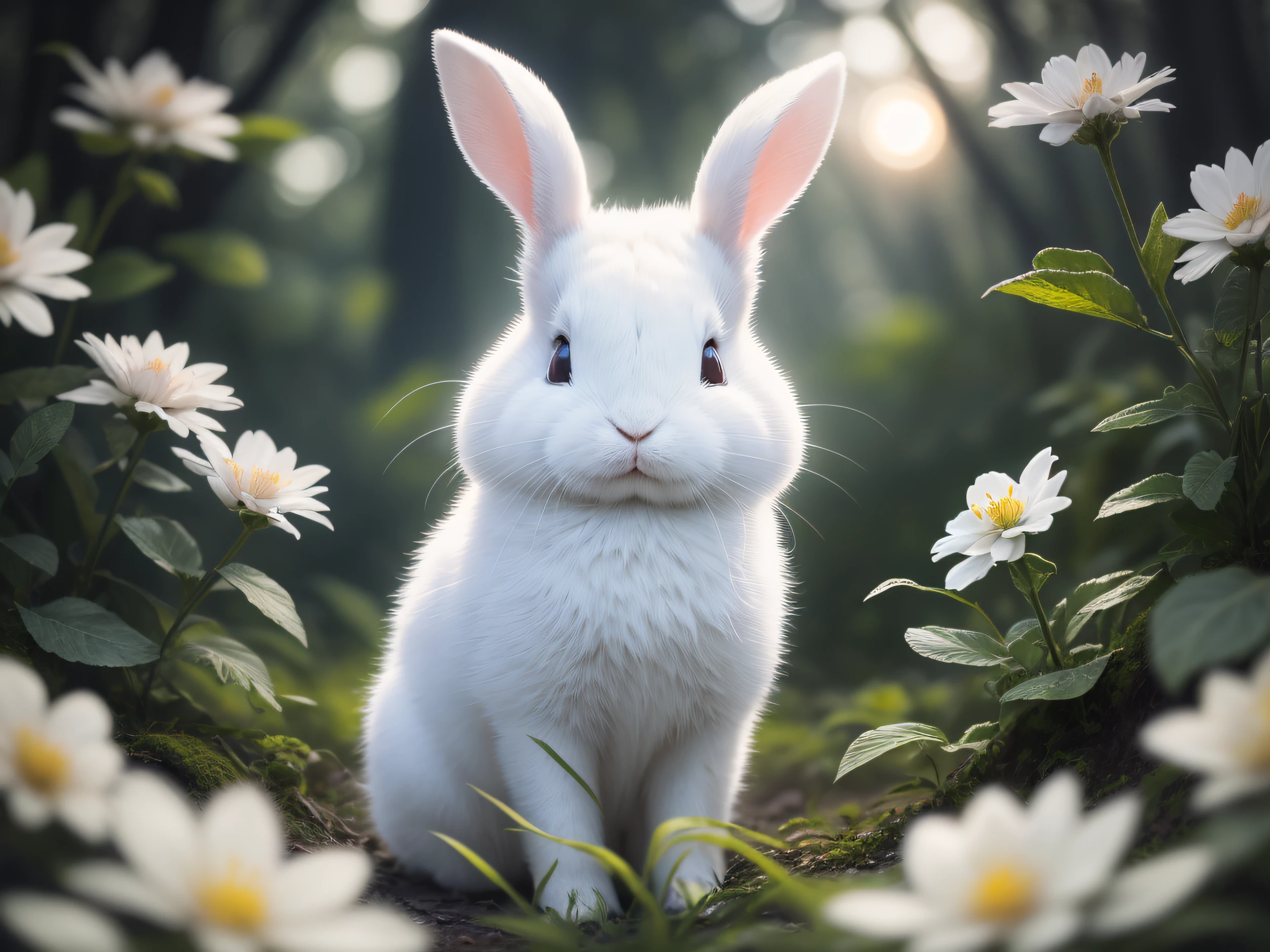 Close-up photo of a white rabbit in the enchanted forest，deep in the night，In the forest，Contre-Jour，glowworm，volume fog，Halo，blooms，Dramatic atmosphere，at centre，the rule of thirds，200mm 1.4F macro shooting