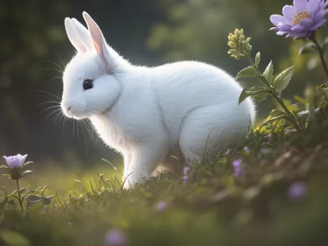 close-up photo of a white rabbit in the enchanted forest，deep in the night，in the forest，contre-jour，glowworm，volume fog，halo，bl...