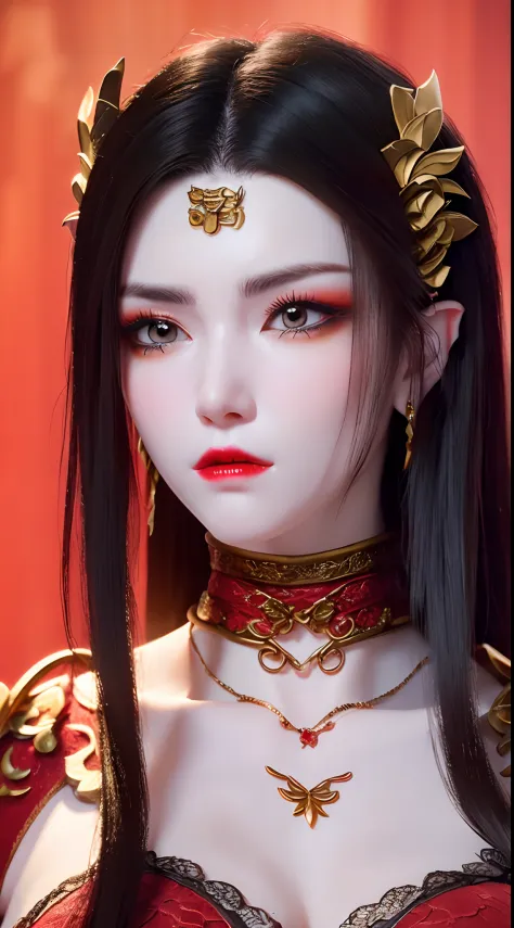 1 very beautiful queen medusha in hanfu dress, thin red silk shirt with many yellow motifs, black lace top, long hair dyed black...