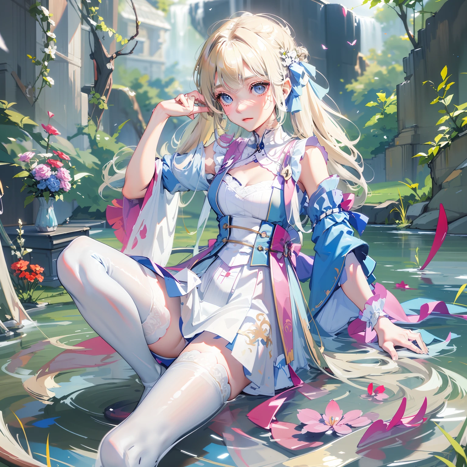 Masterpiece, 1 Beautiful Girl,Simetall，fully body photo，blond hairbl，white stockings，blue color eyes，护士服，Enchanting。