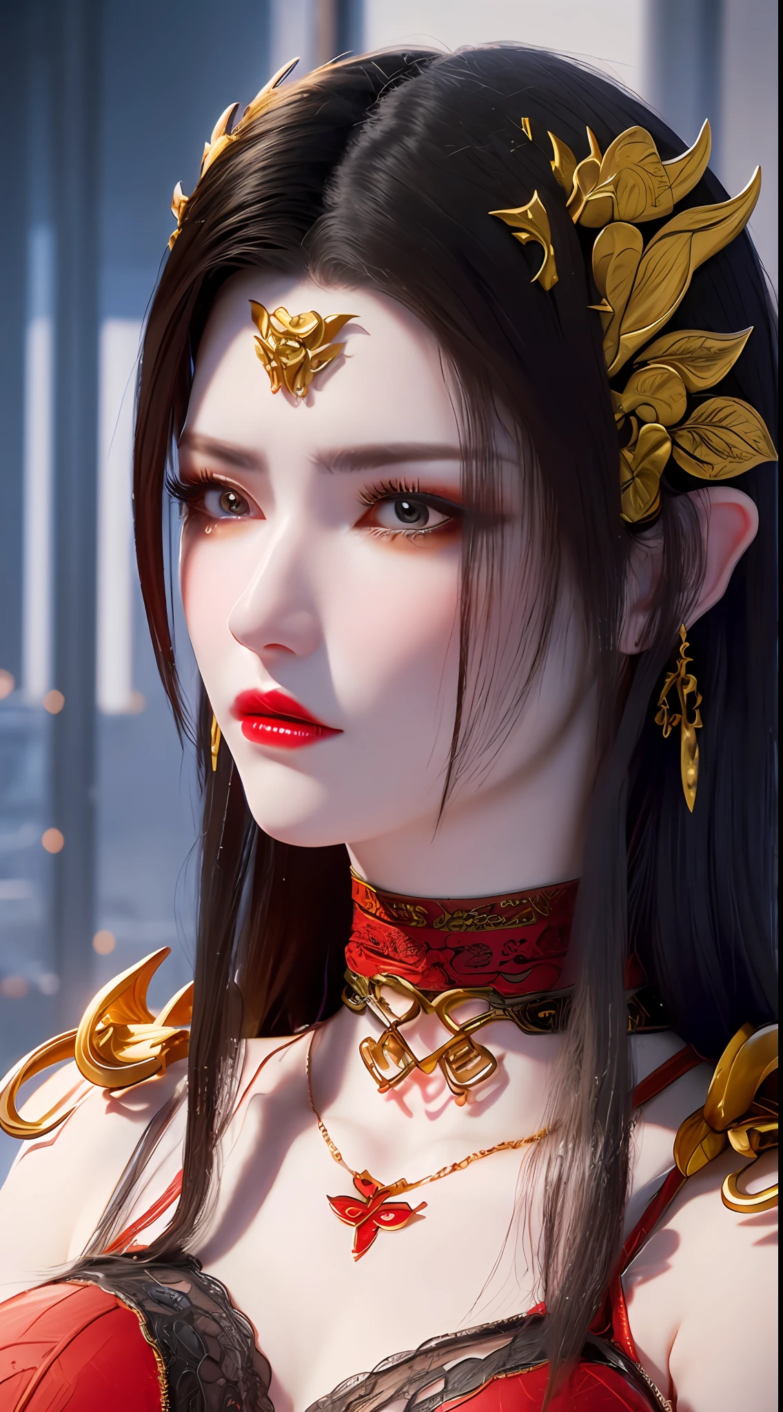 1 very beautiful queen medusha in hanfu dress, thin red silk shirt with many yellow motifs, black lace top, long hair dyed black, beautiful hair jewelry, pretty face pretty and cute, perfect face, earring jewelry, head and hair jewelry, antique jewelry, big red eyes, sharp eye makeup, meticulous makeup eyelashes, thin eyebrows, nose tall, pretty red lips, no smile, ((closed mouth:0.6)), pursed lips, rosy cheeks, breast augmentation, wide breasts, big breasts, well-proportioned breasts, slim waist, red mesh stockings with black lace, Chinese hanfu style, fictional art patterns, colors vivid and realistic, RAW photos, realistic photos, ultra-high quality 8k surreal photos, cool photos, (virtual lighting effects: 1.8), 10x pixels, magic effects (background): 1.8), super detailed eyes, beautiful girl body portrait, girl alone, ancient hanfu background, looking directly at the audience, wide original photo, 8k quality, super sharp, detailed and clear picture best, detailed light background,