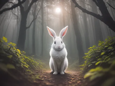 close-up photo of a white rabbit standing in the enchanted forest，deep in the night，in the forest，contre-jour，glowworm，volume fo...