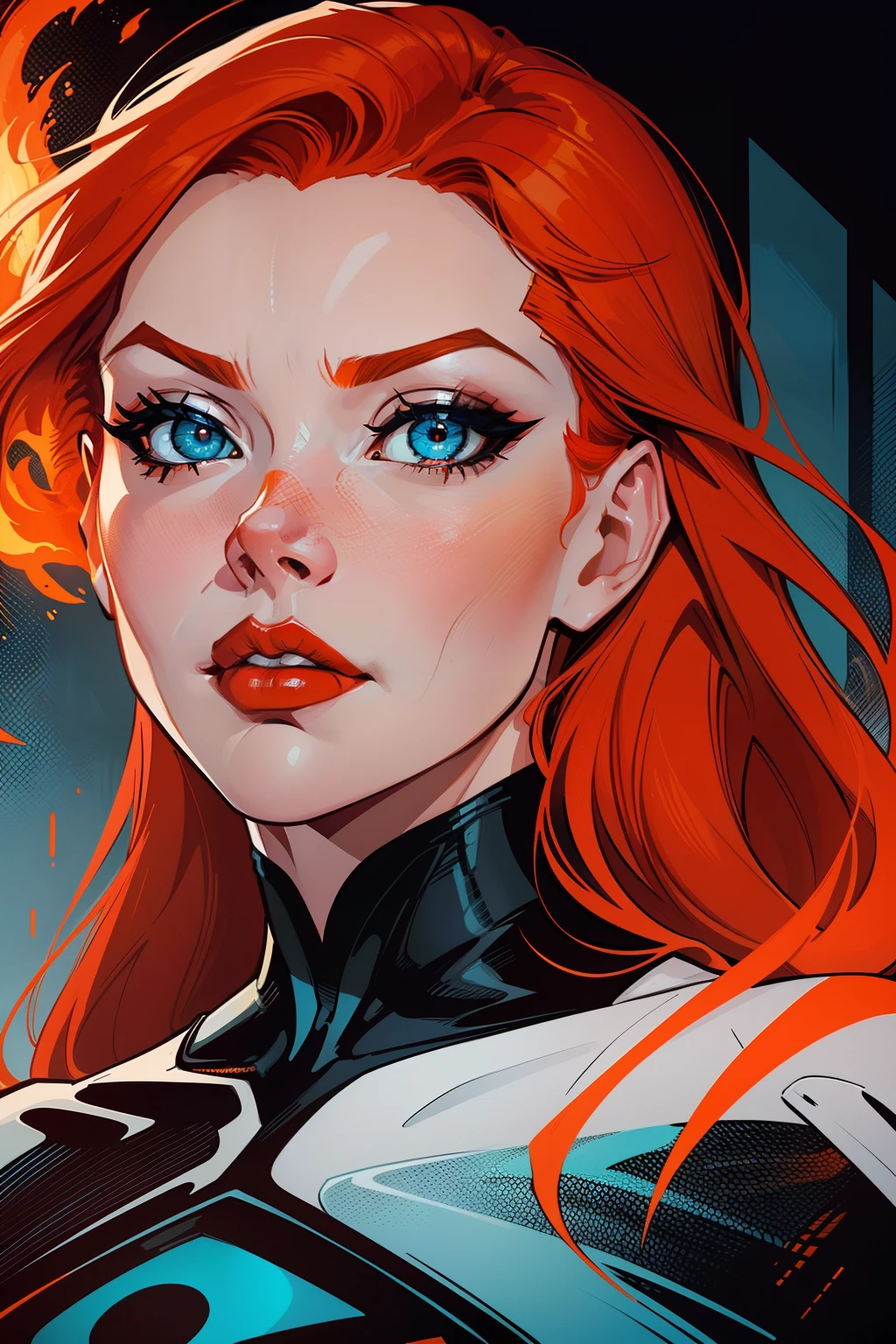 a woman with red hair and grey eyes and a white face, beautiful comic art, orange fire/blue ice duality! , martin ansin artwork portrait, by Galen Dara, gorgeous art, stunning art style, martin ansin, lois van baarle and rossdraws, cyan and orange, fire and ice, beautiful artwork, ice and fire
