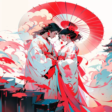 anime couple in kimono dress, nice face, perfect body, kissing under umbrellas, in front of red and white background, guweiz on ...