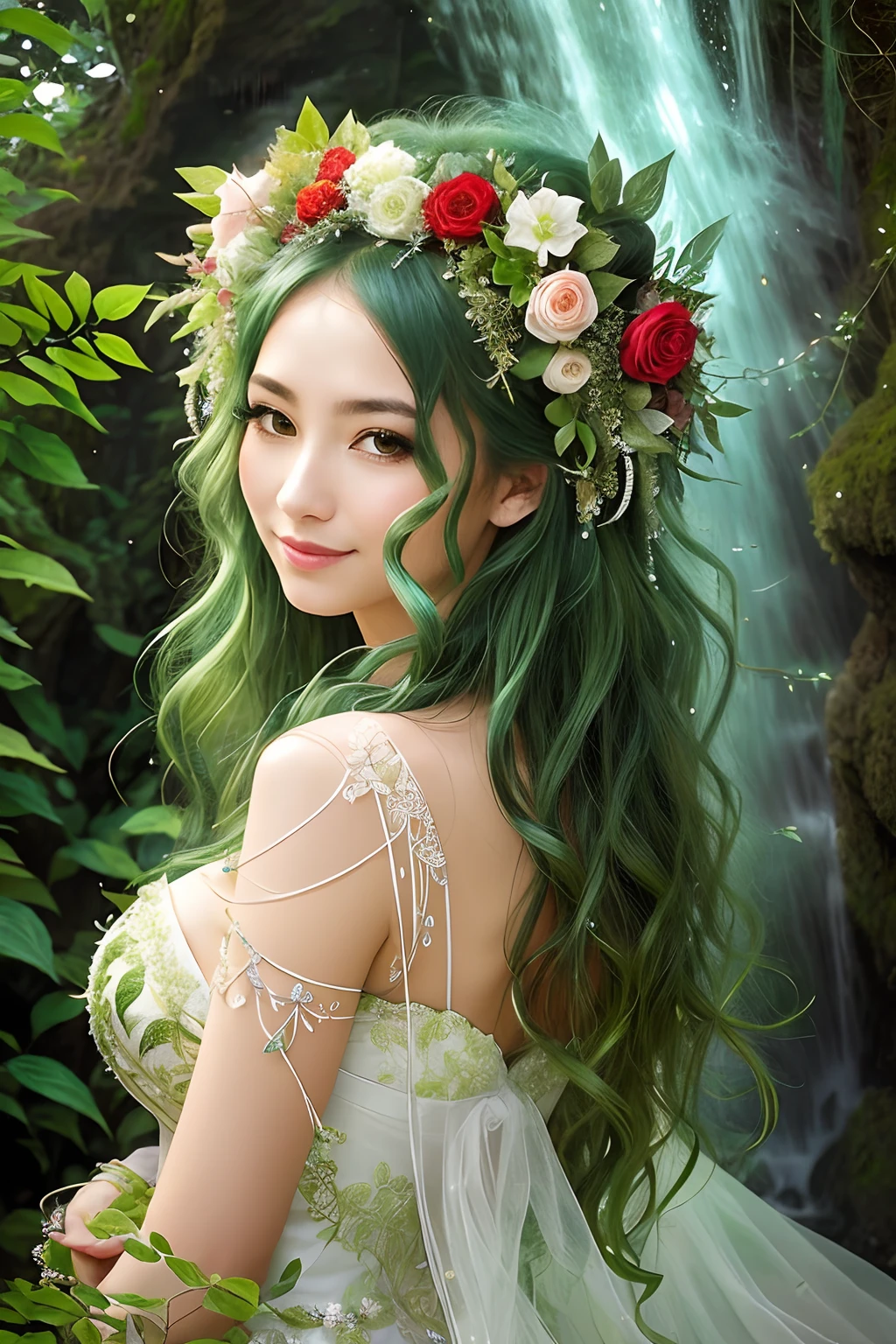 D&The captivating depiction of the D Dryad is、Consists entirely of lush vegetation、Visionary Artists、Brought to life by Sylvan Frost Reef。(verdant:1.2)Forms decorated with bright leaves and flowers、(elegance:1.1)Movements reflecting the dances of nature、(Transcendent:1.1)An aura that radiates calm energy、(piercings:1.1)An eye reflecting ancient wisdom、(Whisper:1.1)Tangled leaves in her hair、(harmony:1.1)Connection with surrounding plants、(unveiling ceremony:1.1)The deep bond between the dryad and the natural world、 (capture:1.1)The essence of her plant beauty、(immortal:1.1)The fascination of dryads made with vegetation。Woman in wedding dress、a smile