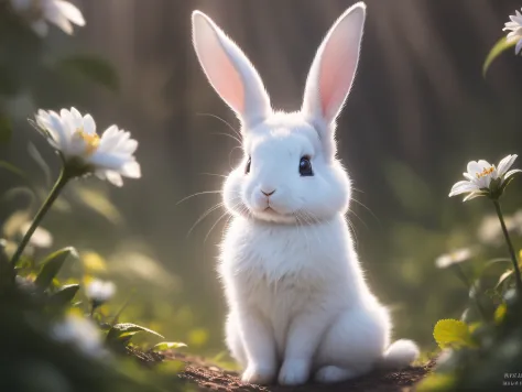 Close-up photo of a white rabbit in the enchanted forest，deep in the night，In the forest，Contre-Jour，glowworm，volume fog，Halo，blooms，Dramatic atmosphere，at centre，the rule of thirds，200mm 1.4F macro shooting