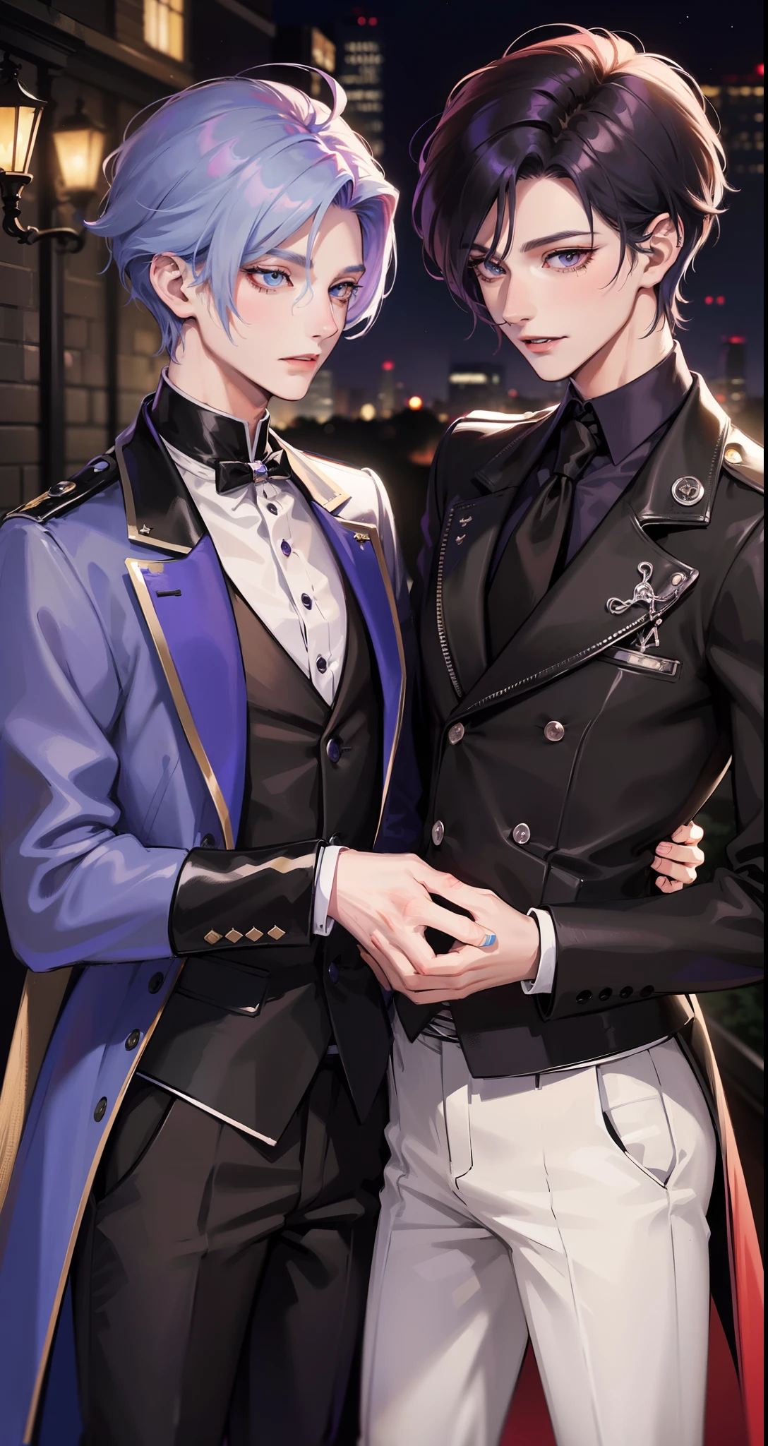 ​masterpiece, top-quality, 2Others, Male couple, 1 man and 1,, Adults, Height difference, different fashion, different color, finely eye and detailed face, intricate detailes, Black Butler Fashion, Modern urban streets, A smile, Happiness, tenderness, queers, Boys Love, high-level image quality、 Two beautiful men、tall、The upper part of the body、nightfall、nighttime scene、𝓡𝓸𝓶𝓪𝓷𝓽𝓲𝓬、Korean Male, k pop, Professional Photos, Vampires, Fedoman with necklace, inspired by Sim Sa-jeong, androgynous vampire, :9 detailed face: 8, extra detailed face, detailed punk hair, ((eyes are brown)) baggy eyes, Seductive. Highly detailed, semi realistic anime, Vampire butler, hyperrealistic teen, delicate androgynous prince, imvu, short hair above the ears, Man with short hair, With a purple-haired man with a wild expression, Man with light blue hair with gentle expression, With a short-haired man with bright purple hair, Man with light blue hair, Movie Posters, Beast ears