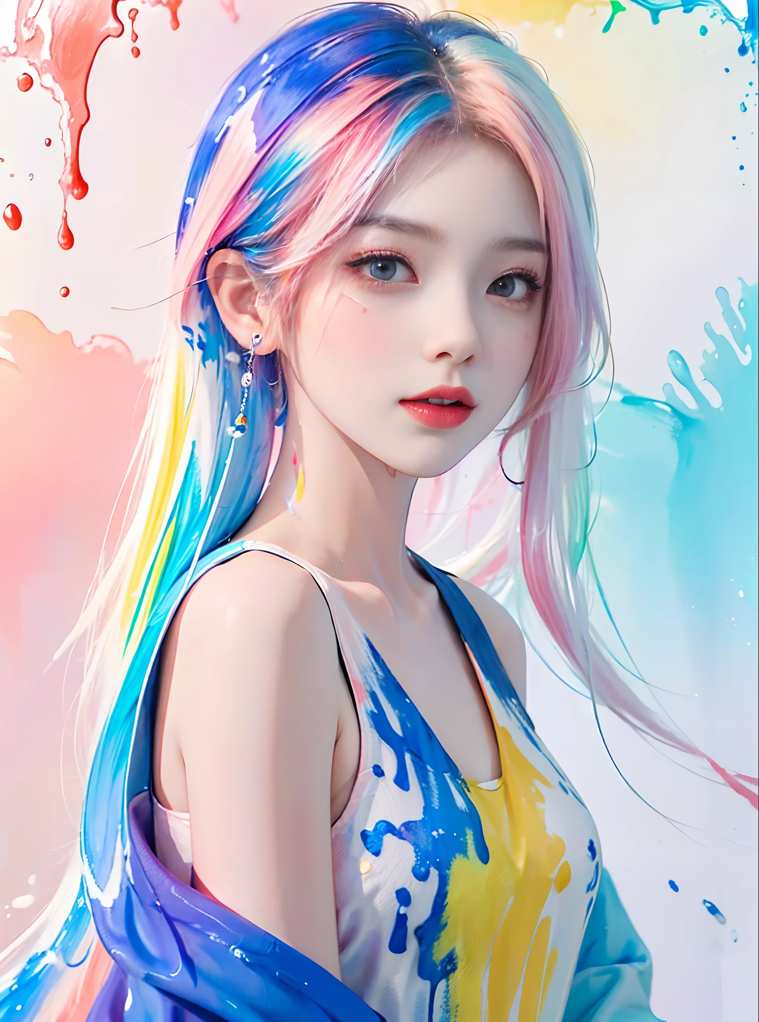 (Masterpiece, Best Quality, High Resolution), White Background, ((Paint Splash, Color Splash, Splash of Ink, Color Splash)),, Sweet Chinese Girl, Rainbow Hair, Peach Lips, Front, Upper Body