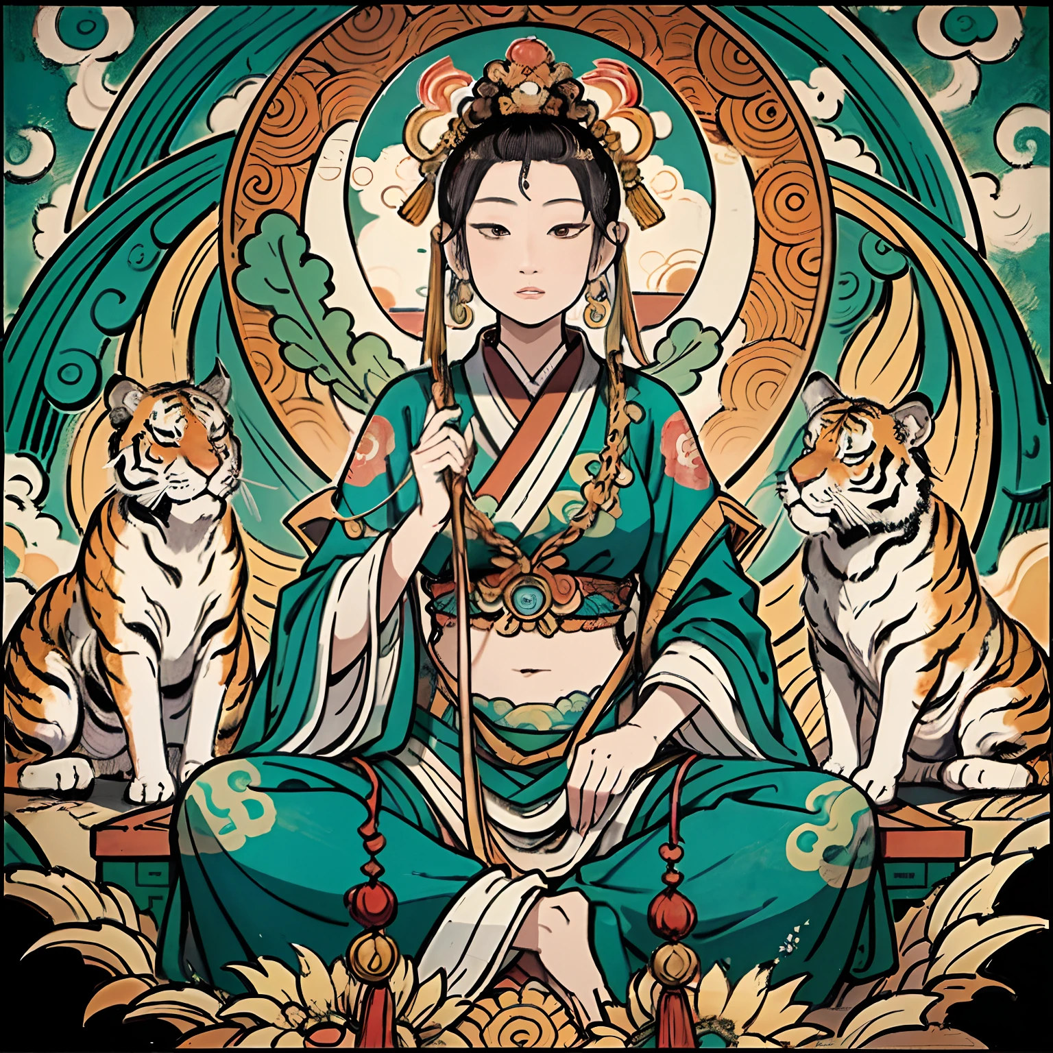 an ancient Chinese goddess, guanyin of the southern seas, Guanyin, Inspired by India, Avalokiteshvara Bodhisattva Tiger，,Serene expression,shui mo hua,Buddha,Buddhist,Lotus,Chinese painting style,Thangka style