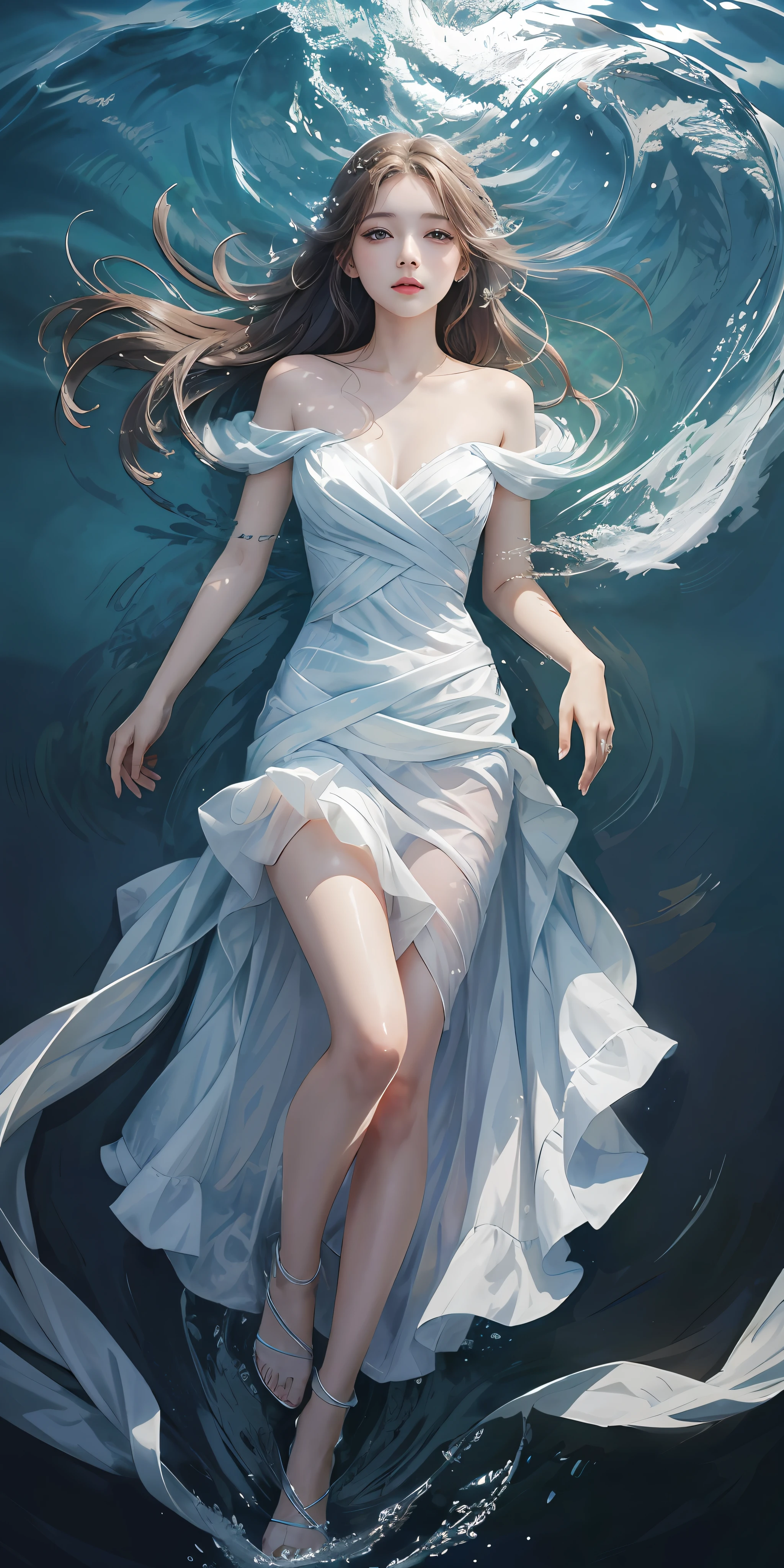 Best Quality, Masterpiece, Ultra High Resolution, (Realism: 1.4), Original Photo, Cold Light, Water Under a Woman in White Dress, Full Body Photo, Wallpaper Anime Blue Water, Gouviz Style Artwork, Close-up Fantasy with Water Magic, By Yang J, Guvitz, Beautiful Artwork Illustration, Water Nymph, Beautiful Digital Artwork, Beautiful Digital Illustration, Li Song, Beautiful Anime Portrait, Art Style in Bovoort