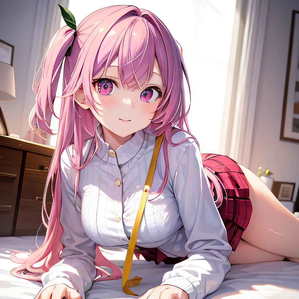 (masterpiece), best quality, expressive eyes, perfect face,beautiful illustration, best quality, cute girl, bedroom, pink hair, happy, miniskirt, white blouse, two side up, ((clothes open)), ((sexy Pose:1.5)), ((see-enough:1.1))