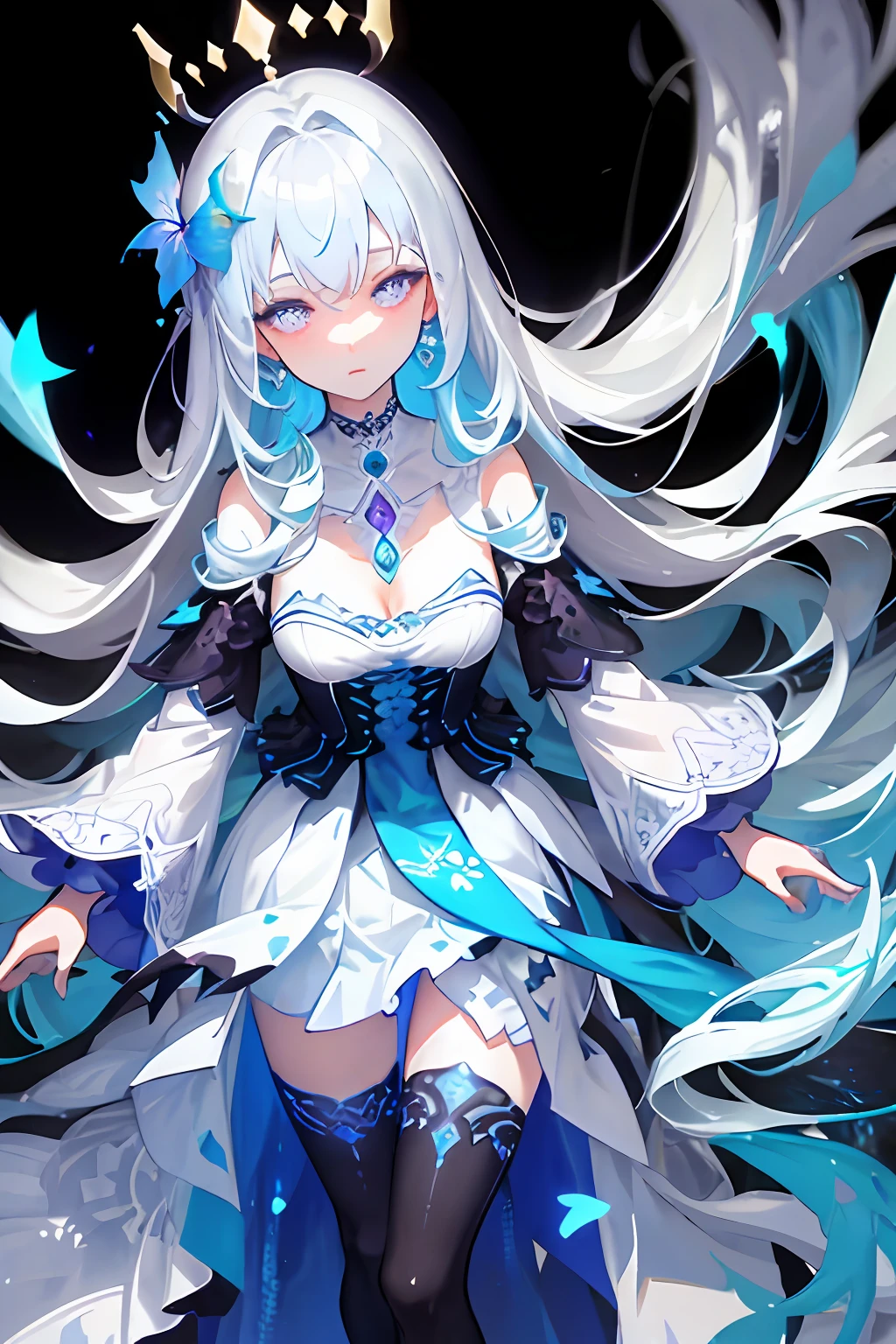 (Masterpiece, Best Quality: 1.4), Detailed Background, White Crystal, Crystal Cluster, Long Hair, Jewelry, Earrings, Necklace, Crown, Bride, White Hair, Halo, (Overlook), Dynamic Angle, Ultra Detailed, Illustration, Close Up, Direct Look, 1girl, (Fantasy: 1.4), (Purple Eyes: 1.233), Her Eyes Shine Like Dreamy Stars, (Glow Eyes: 1.233), (Beautiful and Delicate Eyes: 1.1), (Silver Hair: 1.14), (Messy Hair, Very Long Hair, French braids, hair between the eyes, side hair), (+(blue hair flower: 1.14)), (chiffon dress, uniform blue flower pattern)/= (military uniform: 1.24), (split sleeves, wide sleeves), (fingerless gloves), choker, (miko thighhighs), high heeled boots, (expressionless, shut up), (standing), (classical princess boudoir with dresser floor-to-ceiling windows white ancient palace), (white flowers, blooming), (deep sea), (flowing water), (dark blue world tree:1.14),(Ruins),(Night:1.2),dreamy,Soul,(fluorescent),(Flying Translucent Blue Butterfly:1.15),[Delicate Fingers and Hands:0.55]::0.85], (Finger Detail), (Yubao:0.5)