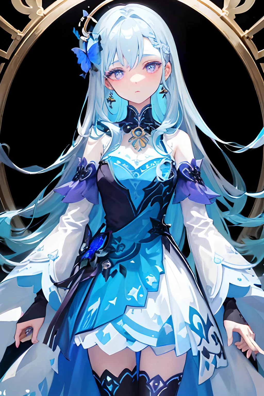 (Masterpiece, Best Quality: 1.4), Detailed Background, White Crystal, Crystal Cluster, Long Hair, Jewelry, Earrings, Necklace, Crown, Bride, White Hair, Halo, (Overlook), Dynamic Angle, Ultra Detailed, Illustration, Close Up, Direct Look, 1girl, (Fantasy: 1.4), (Purple Eyes: 1.233), Her Eyes Shine Like Dreamy Stars, (Glow Eyes: 1.233), (Beautiful and Delicate Eyes: 1.1), (Silver Hair: 1.14), (Messy Hair, Very Long Hair, French braids, hair between the eyes, side hair), (+(blue hair flower: 1.14)), (chiffon dress, uniform blue flower pattern)/= (military uniform: 1.24), (split sleeves, wide sleeves), (fingerless gloves), choker, (miko thighhighs), high heeled boots, (expressionless, shut up), (standing), (classical princess boudoir with dresser floor-to-ceiling windows white ancient palace), (white flowers, blooming), (deep sea), (flowing water), (dark blue world tree:1.14),(Ruins),(Night:1.2),dreamy,Soul,(fluorescent),(Flying Translucent Blue Butterfly:1.15),[Delicate Fingers and Hands:0.55]::0.85], (Finger Detail), (Yubao:0.5)