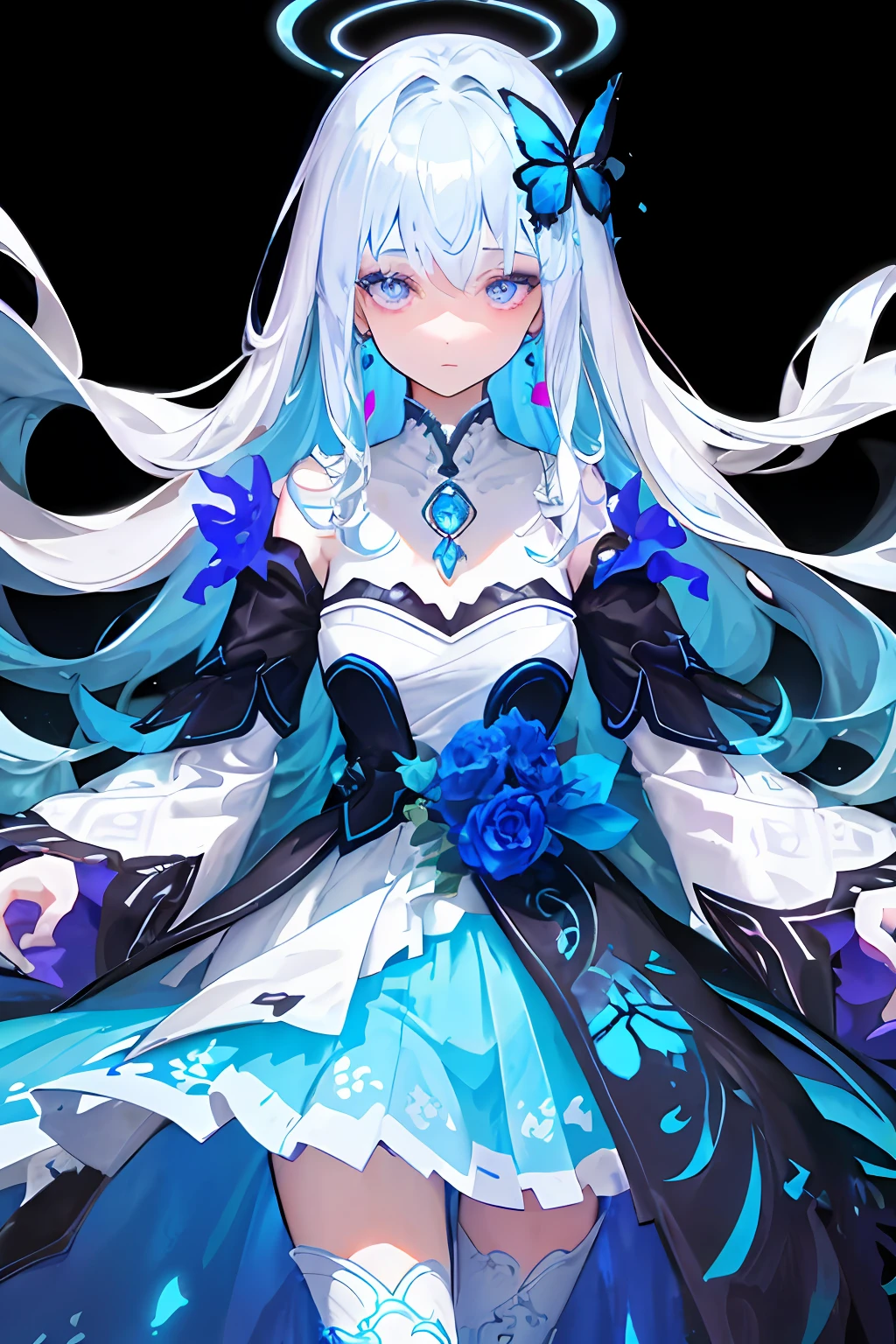 (Masterpiece, Best Quality: 1.4), Detailed Background, White Crystal, Crystal Cluster, Long Hair, Jewelry, Earrings, Necklace, Crown, Bride, White Hair, Halo, (Overlook), Dynamic Angle, Ultra Detailed, Illustration, Close Up, Direct Look, 1girl, (Fantasy: 1.4), (Purple Eyes: 1.233), Her Eyes Shine Like Dreamy Stars, (Glow Eyes: 1.233), (Beautiful and Delicate Eyes: 1.1), (Silver Hair: 1.14), (Messy Hair, Very Long Hair, French braids, hair between the eyes, side hair), (+(blue hair flower: 1.14)), (chiffon dress, uniform blue flower pattern)/= (military uniform: 1.24), (split sleeves, wide sleeves), (fingerless gloves), choker, (miko thighhighs), high heeled boots, (expressionless, shut up), (standing), (classical princess boudoir with dresser floor-to-ceiling windows white ancient palace), (white flowers, blooming), (deep sea), (flowing water), (dark blue world tree:1.14),(Ruins),(Night:1.2),dreamy,Soul,(fluorescent),(Flying Translucent Blue Butterfly:1.15),[Delicate Fingers and Hands:0.55]::0.85], (Finger Detail), (Yubao:0.5)