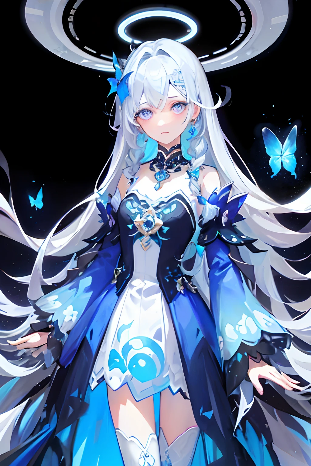 (Masterpiece, Best Quality: 1.4), Detailed Background, White Crystal, Crystal Cluster, Long Hair, Jewelry, Earrings, Necklace, Crown, Bride, White Hair, Halo, (Overlook), Dynamic Angle, Ultra Detailed, Illustration, Close Up, Direct Look, 1girl, (Fantasy: 1.4), (Purple Eyes: 1.233), Her Eyes Shine Like Dreamy Stars, (Glow Eyes: 1.233), (Beautiful and Delicate Eyes: 1.1), (Silver Hair: 1.14), (Messy Hair, Very Long Hair, French braids, hair between the eyes, side hair), (+(blue hair flower: 1.14)), (chiffon dress, uniform blue flower pattern)/= (military uniform: 1.24), (split sleeves, wide sleeves), (fingerless gloves), choker, (miko thighhighs), high heeled boots, (expressionless, shut up), (standing), (classical princess boudoir with dresser floor-to-ceiling windows white ancient palace), (white flowers, blooming), (deep sea), (flowing water), (dark blue world tree:1.14),(Ruins),(Night:1.2),dreamy,Soul,(fluorescent),(Flying Translucent Blue Butterfly:1.15),[Delicate Fingers and Hands:0.55]::0.85], (Finger Detail), (Yubao:0.5)