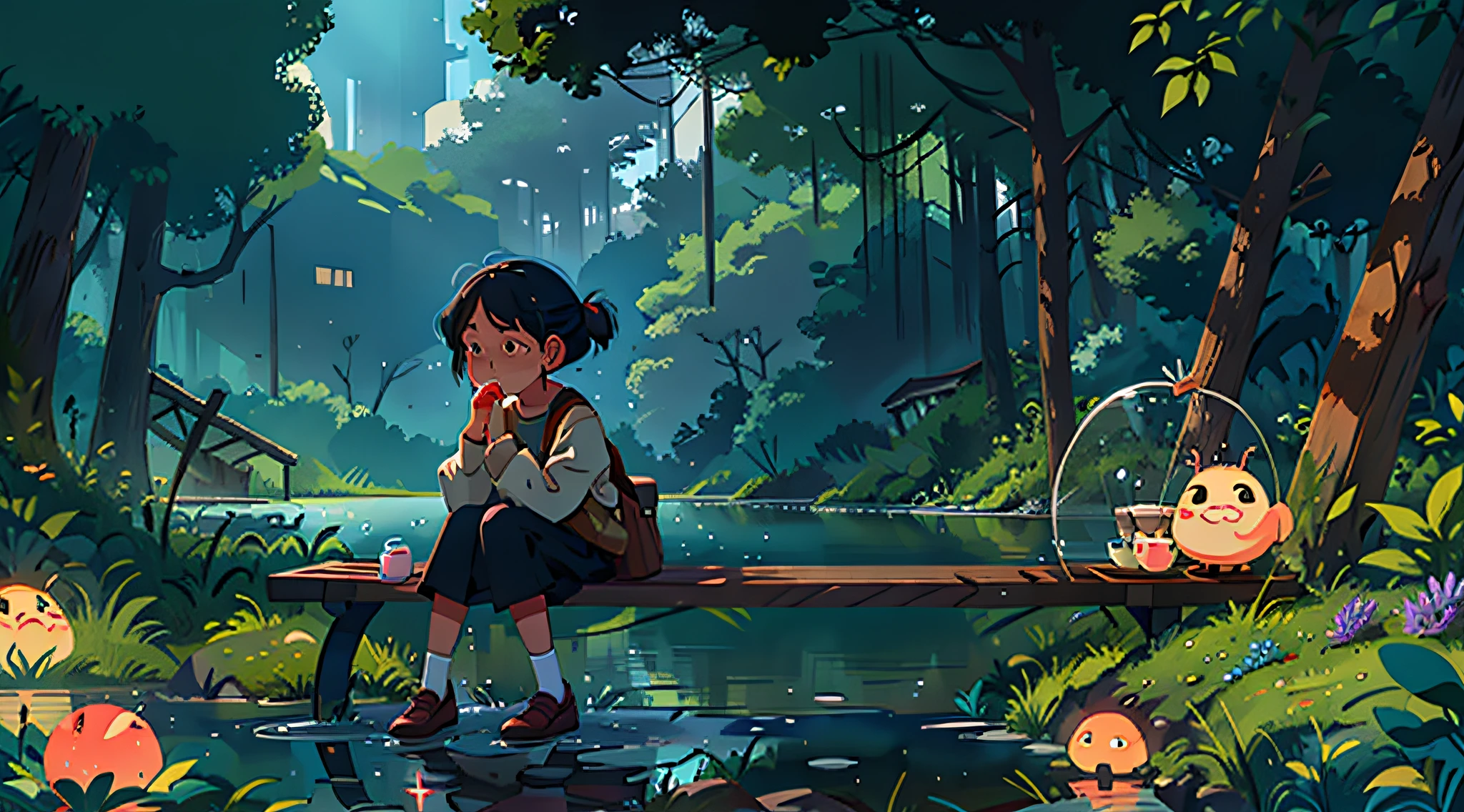 Ein Mädchen sitzt auf einer Bank am See，weinend，Träne，Herz gebrochen，In traurigem Stil präsentiert。