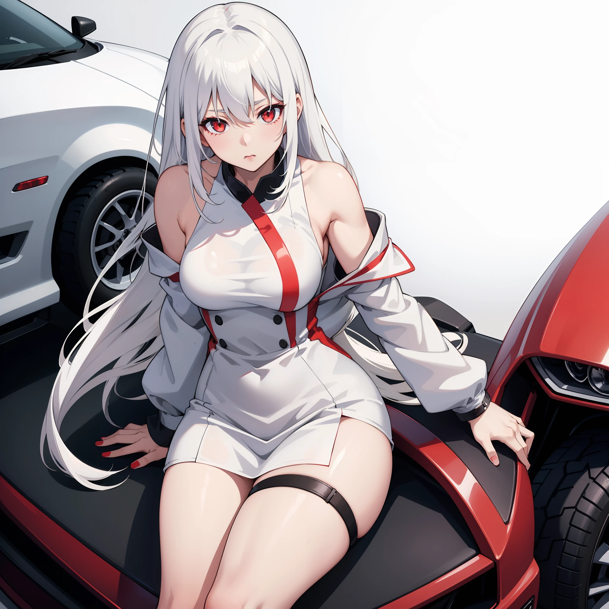 anime Frau, weißes Haar, rote Augen, sexy, Ganzkörperaufnahme, auf der Motorhaube eines Autos sitzen