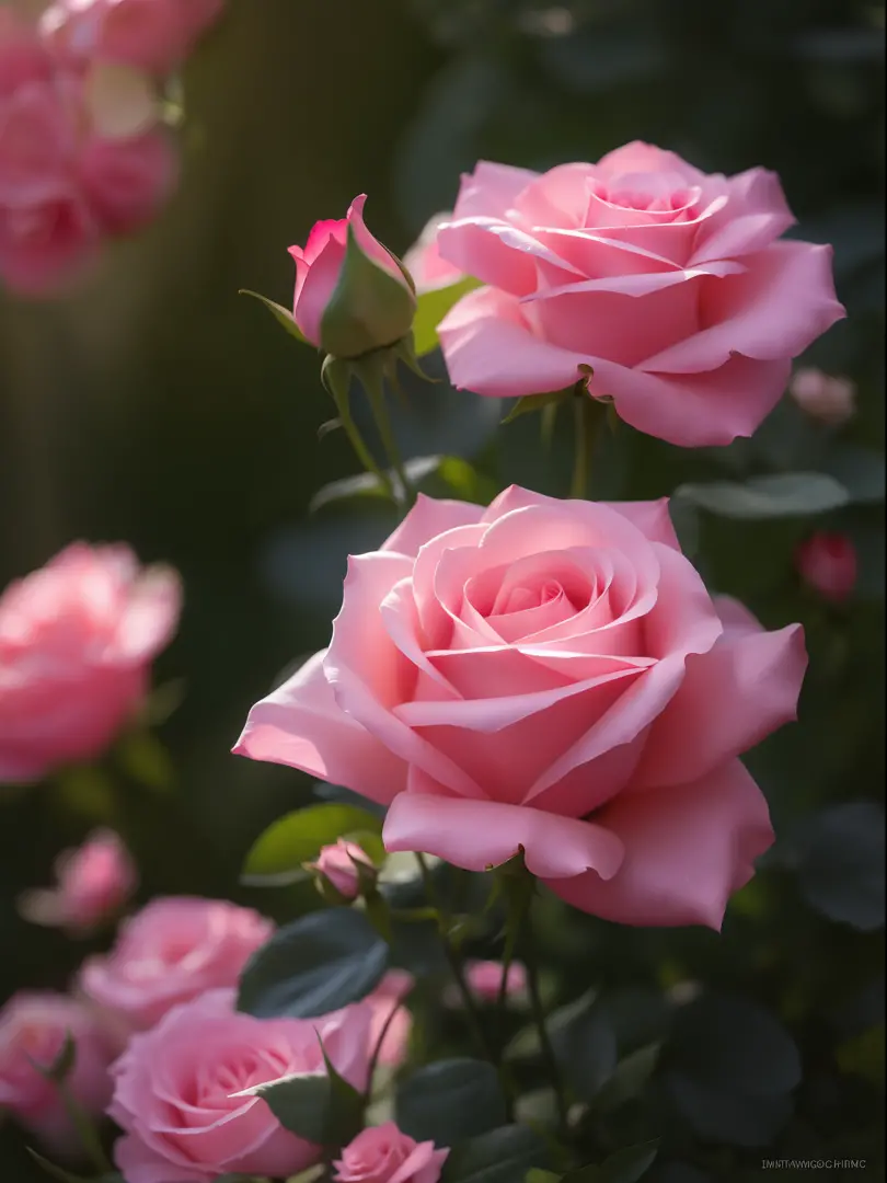 There are many pink roses that are growing in the garden - SeaArt AI