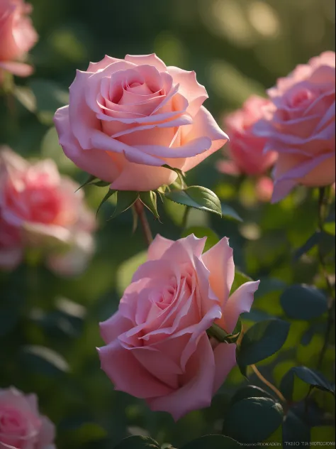 Pink roses grow in the bushes in the garden, Pink Rose, roses in cinematic light, pink rosa, Rose Twinings, photo of a rose, Ann...