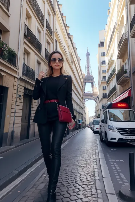 uma mulher linda, caminhando pela cidade de Paris