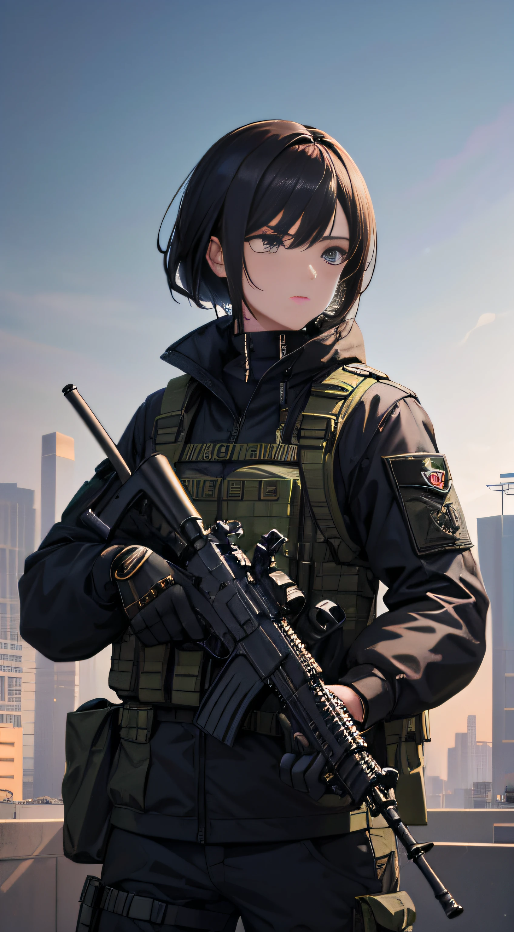 Male special forces，Dark military uniform,  Man in goggles, The facial features are tough and handsome, Delicate facial features，Exquisite military uniform， Hold a gun in both hands，Assault rifle QBZ, 8K digital painting, High-quality fanart,  Detail art style，The lens gazes, The upper part of the body，stereograms, tachi-e, angle of view, Atmospheric perspective, first person perspective, 8K, Super detail, ccurate, Best quality, hyper HD, Textured skin, Super detail, High details, A high resolution, 1080p