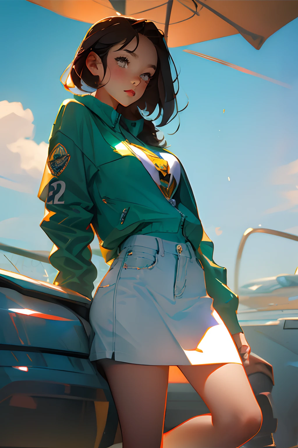 Chica anime con chaqueta verde y falda blanca posando en un barco. - SeaArt  AI