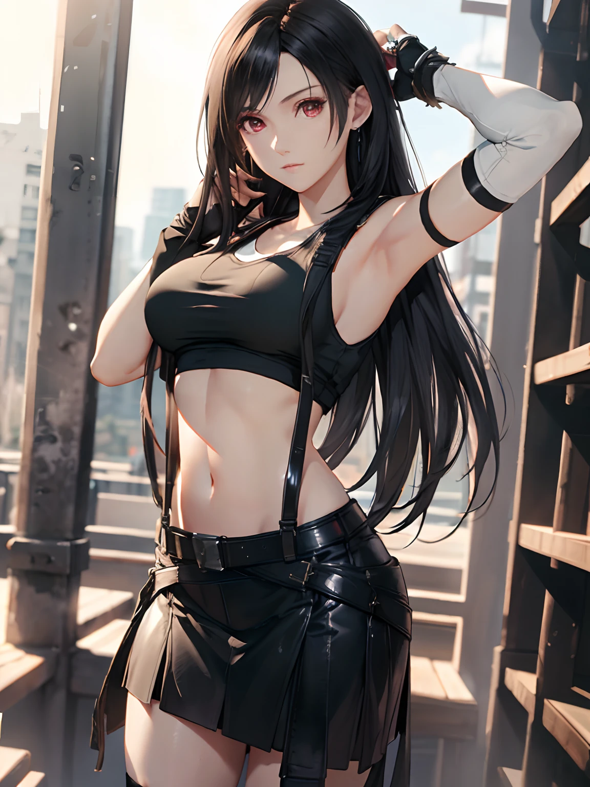 8k,masterpiece, bset quality,big, (1 girl), tifa lockhart, red_eyes, black hair, long hair, shiny skin, shiny big, ((best quality)), crisp focus: 1.2, very detailed face and skin texture, detailed eyes, perfect face, perfect body, art, cg, blur background, big with presence, 20yo, mature cool and beautiful faceWear (black skirt suspenders), black elbow gloves, white taut shirt, tin high, white tank top),