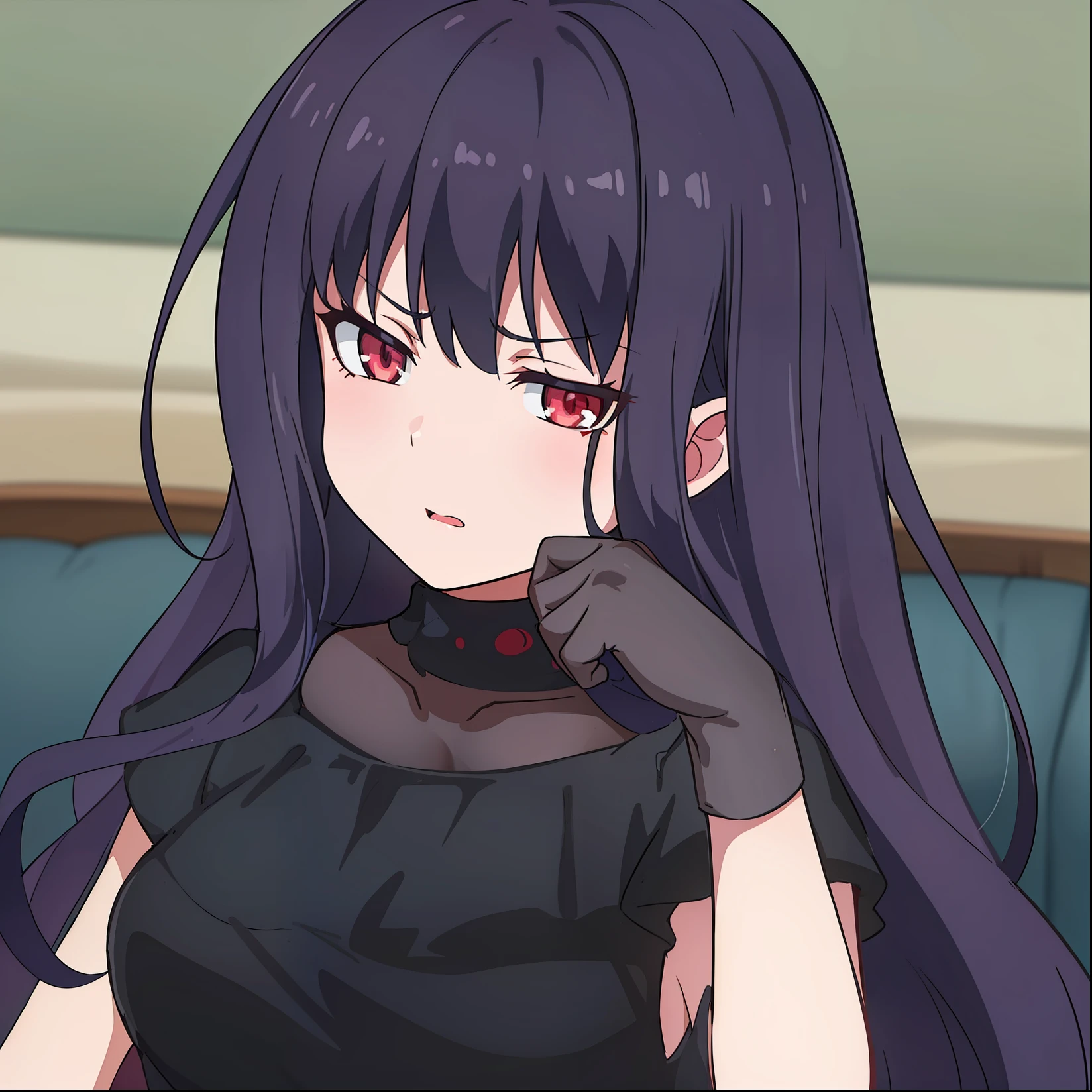 A  girl.  dark colored hair. red-eyes. Dark outfit. frowning face. round open mouth. gray bags under the eyes. A hand in a dark glove near the cheek