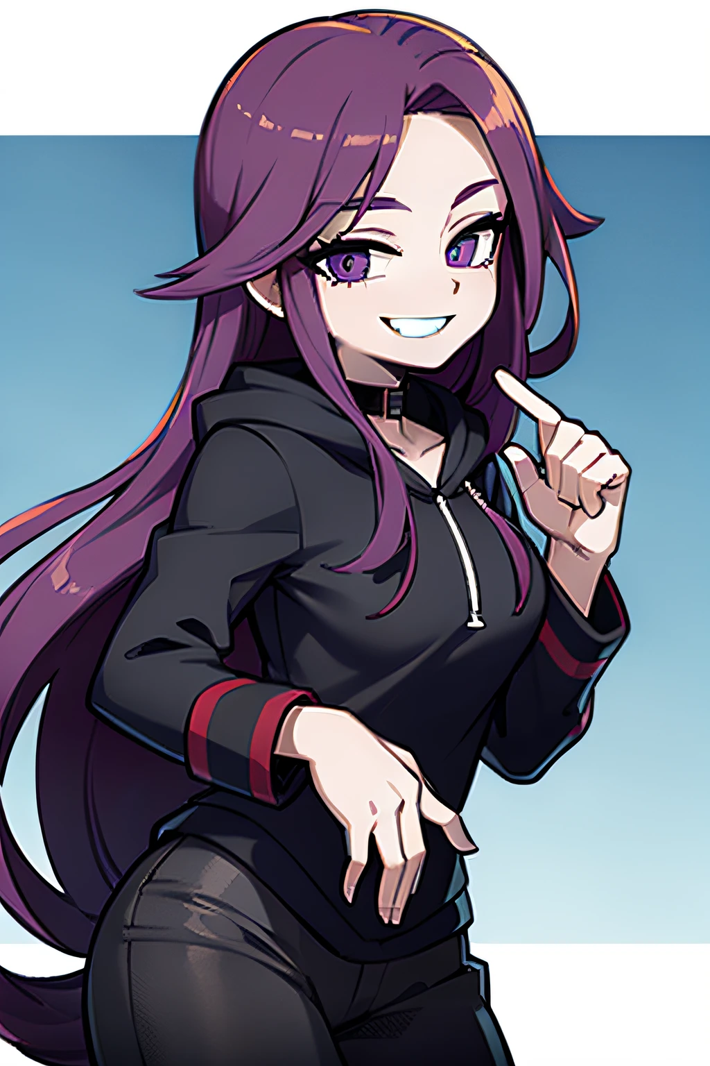 笑顔, 長い紫色の髪, 黒のパーカー