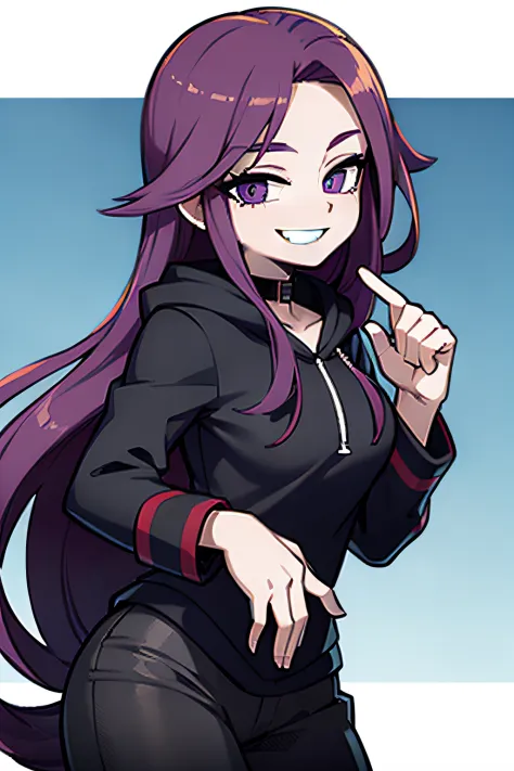 smiling, long purple hair, black hoodie